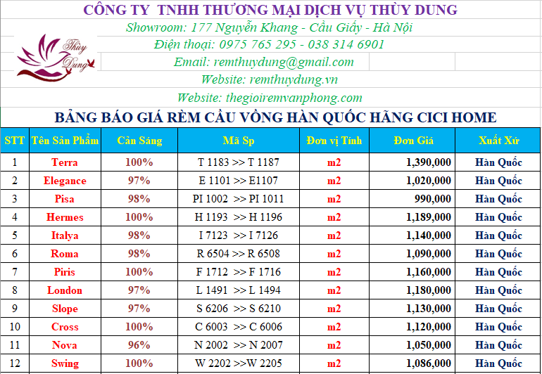 bảng báo giá rèm cầu vồng hãng CICI Home bảng báo giá rèm cầu vồng hãng CICI Home