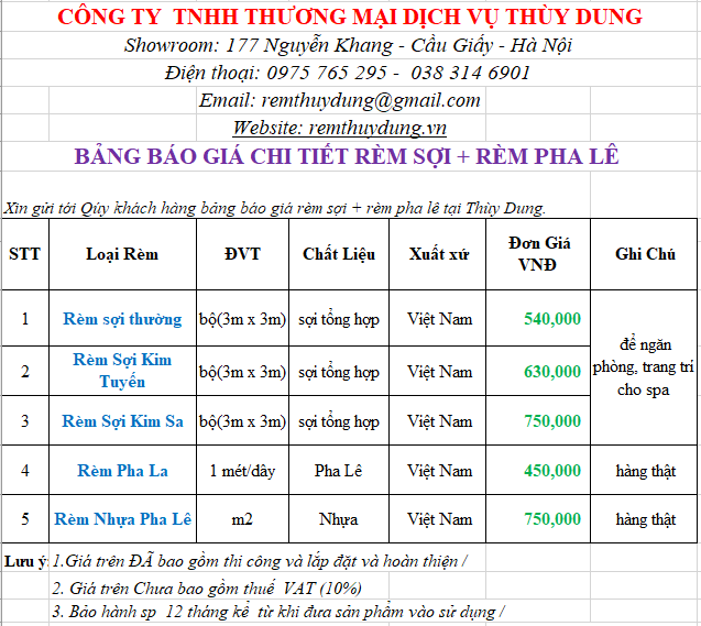 BẢNG BÁO GIÁ RÈM SỢI + PHA LÊ MỚI NHẤT 0975765295